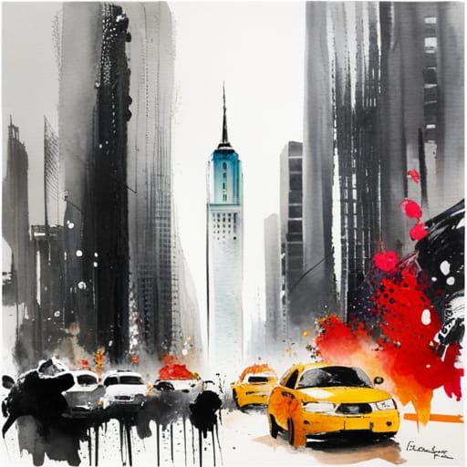 Freedom Tower and NYC in Surreal Watercolor