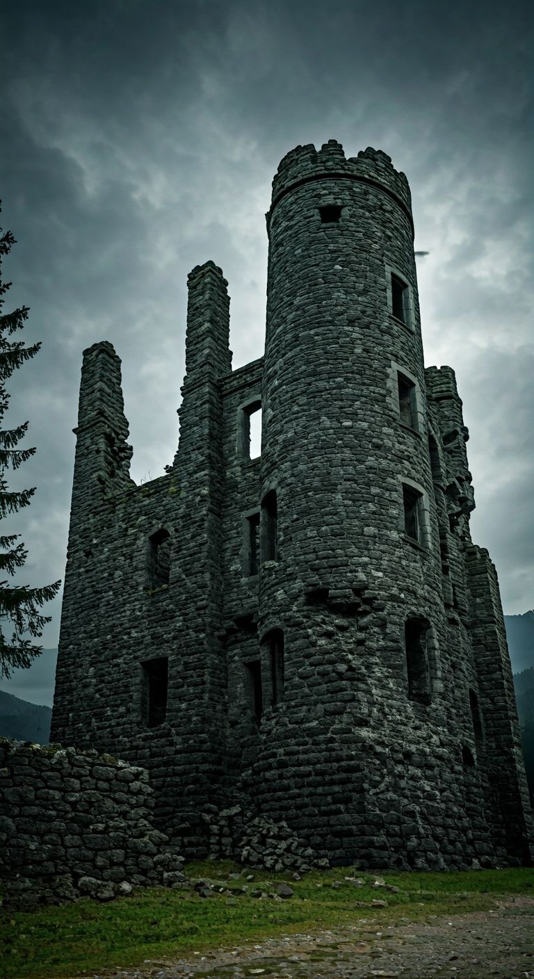 A Carpathian castle made of black stone, fallen and decayed....