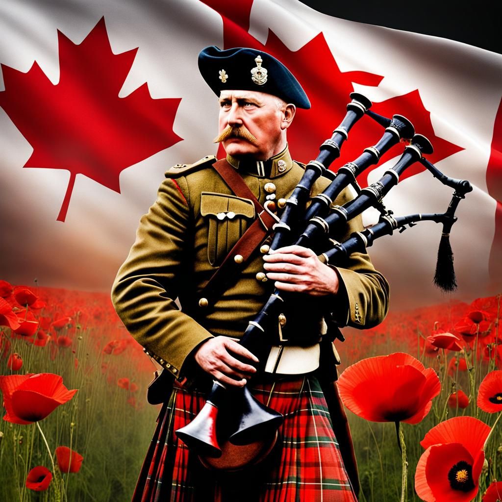 WWI Soldier Playing Bagpipes on Somme with Poppy