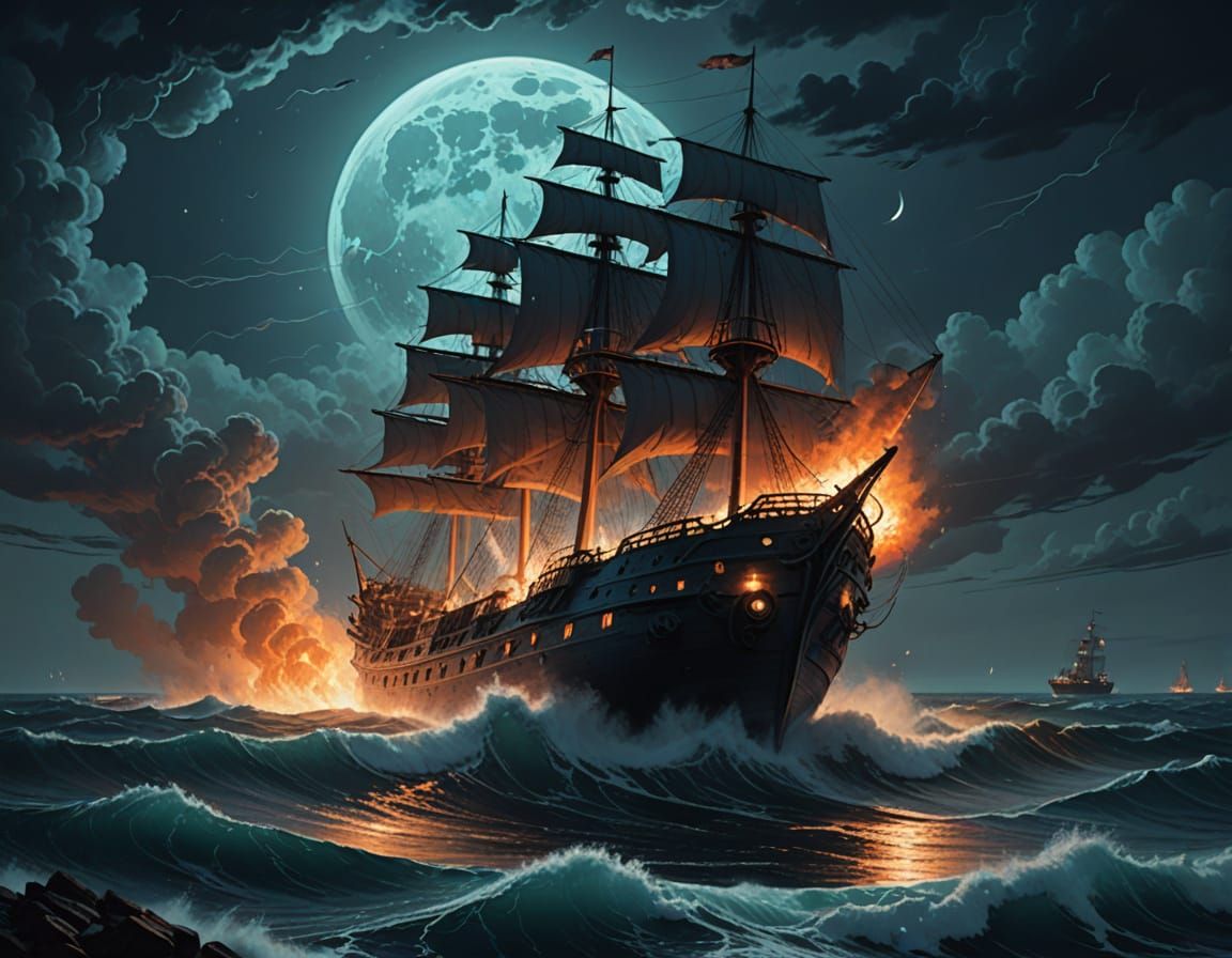 Ghost Ship Burning in Cyberpunk Ocean