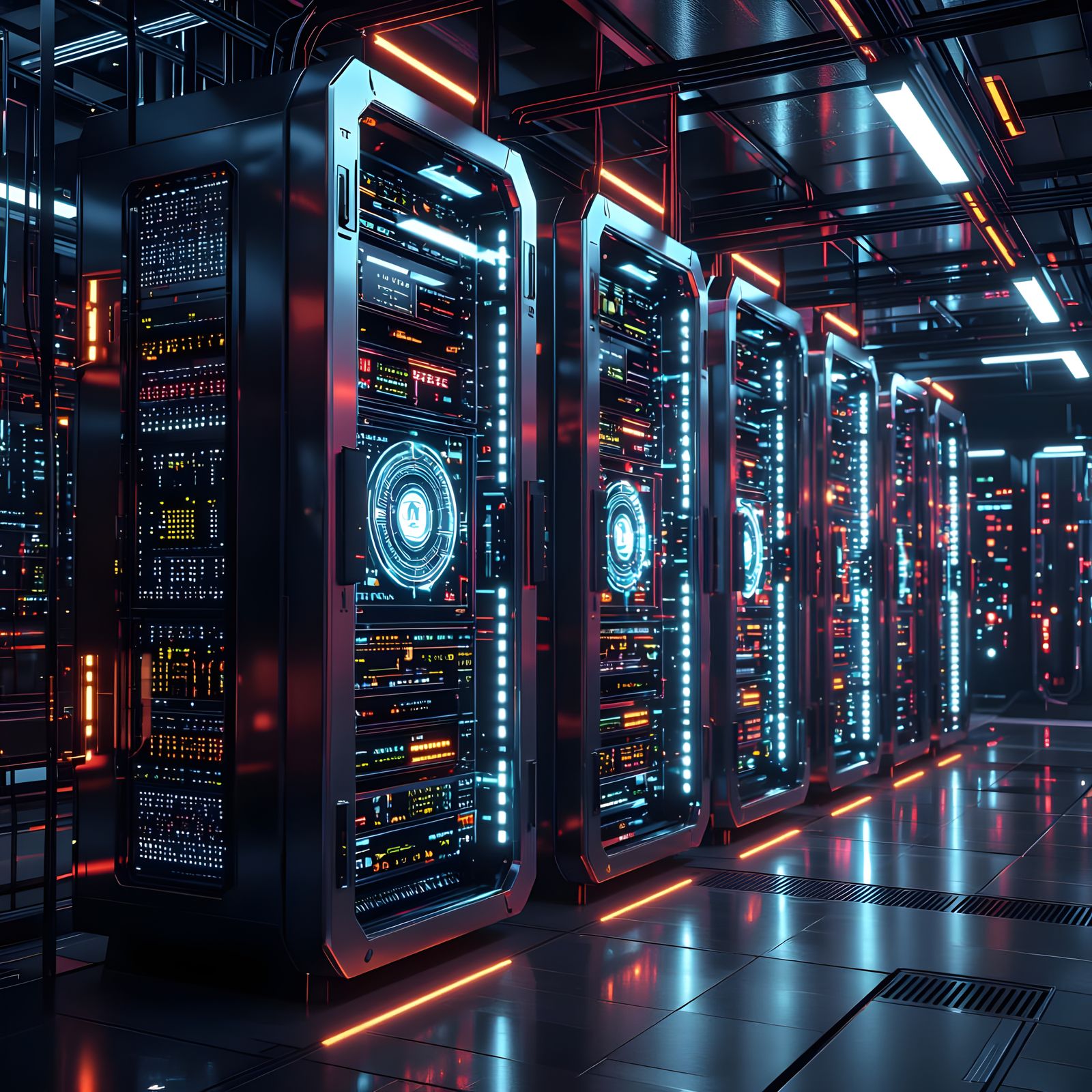 Futuristic AI Servers in Neon-Lit Data Center