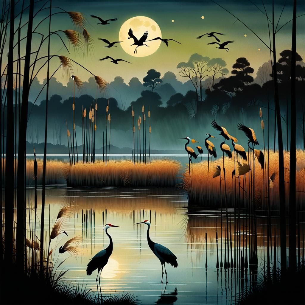 Cranes on Lake Shore in Graphic Novel Style