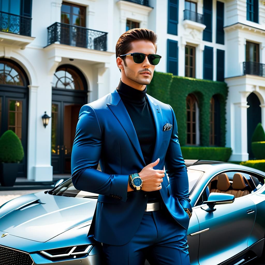 Futuristic Car and Fashionable Man in Luxury Setting