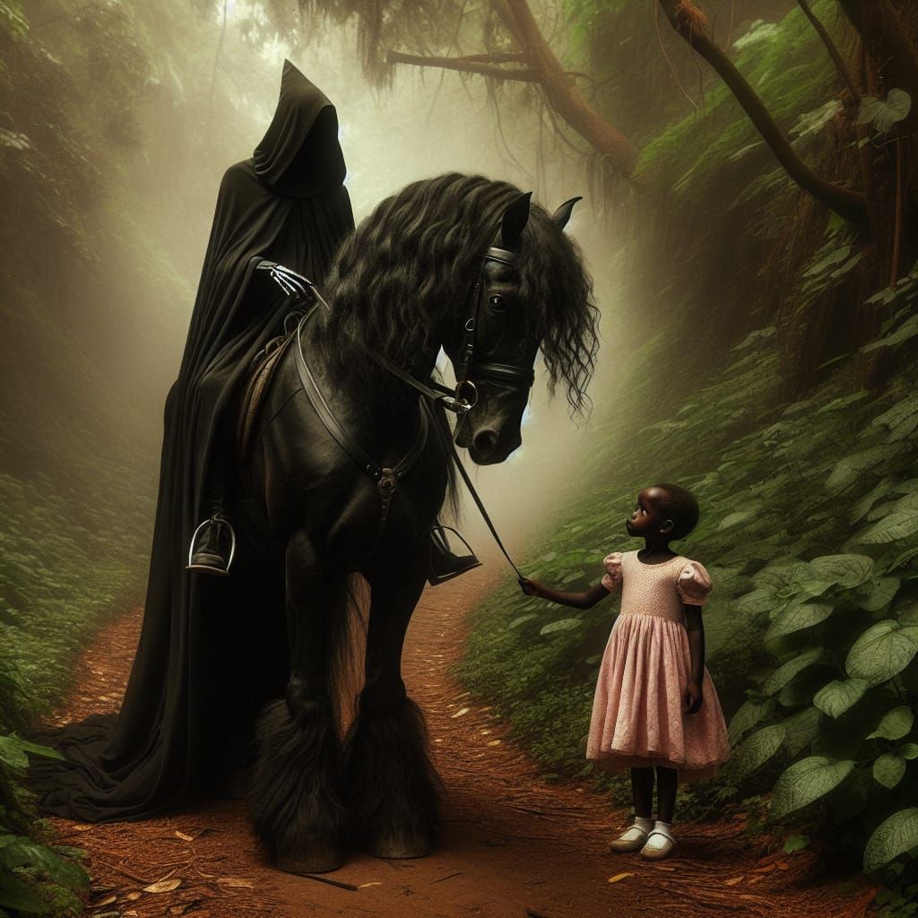Eerie Encounter: Cloaked Rider and Forest Child