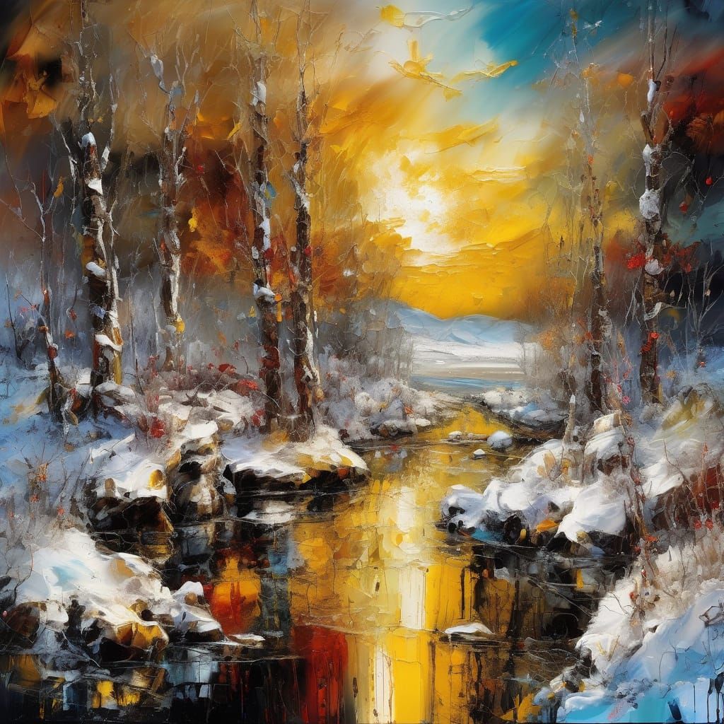 Ethereal Winter Wonderland in Impasto Oil Paint Style