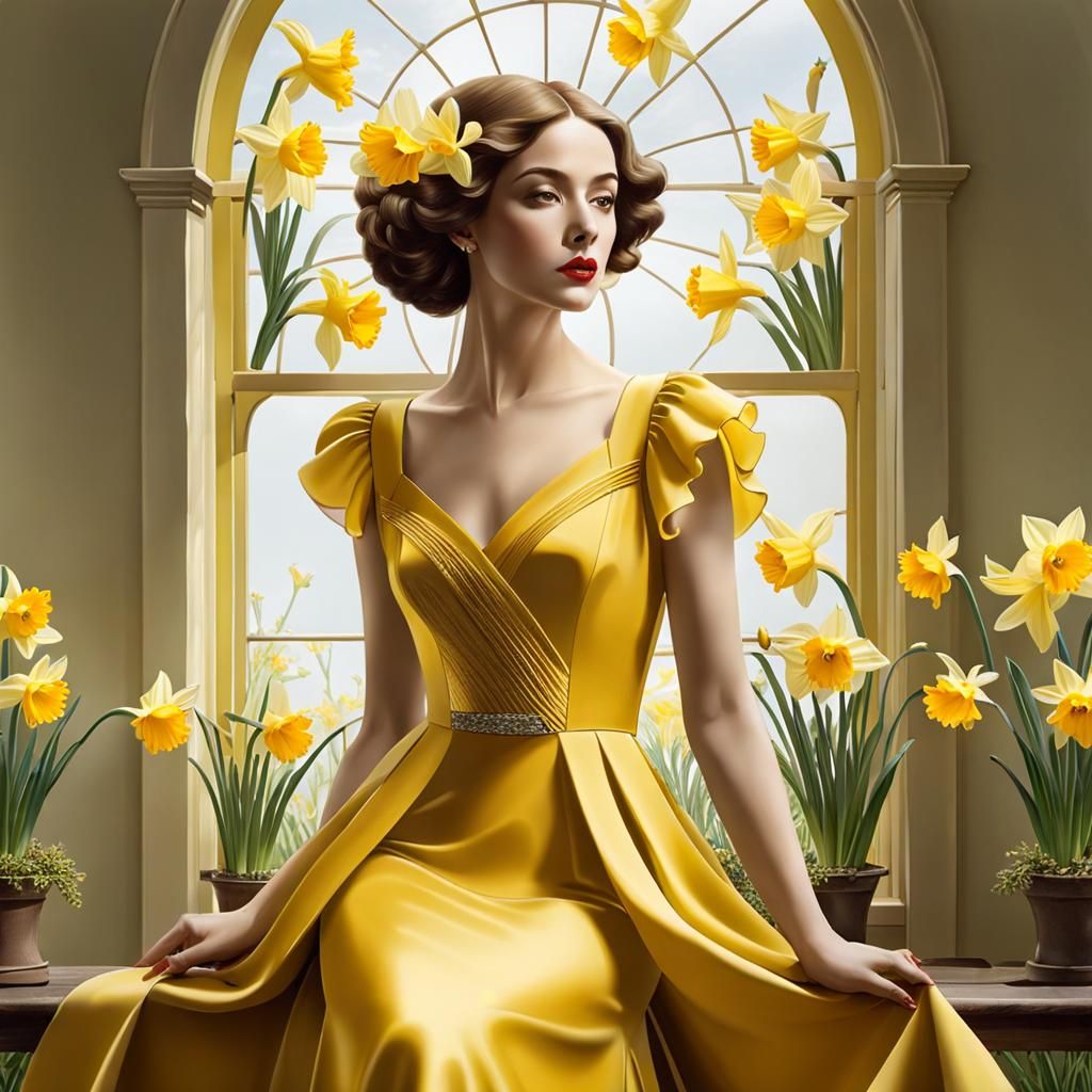 Classy Lady in Yellow Dress with Daffodils, Pre-Raphaelite S...