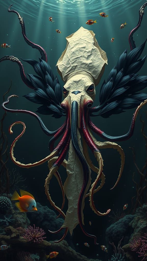 Parchment Squid with Quill Tentacles in Deep Sea