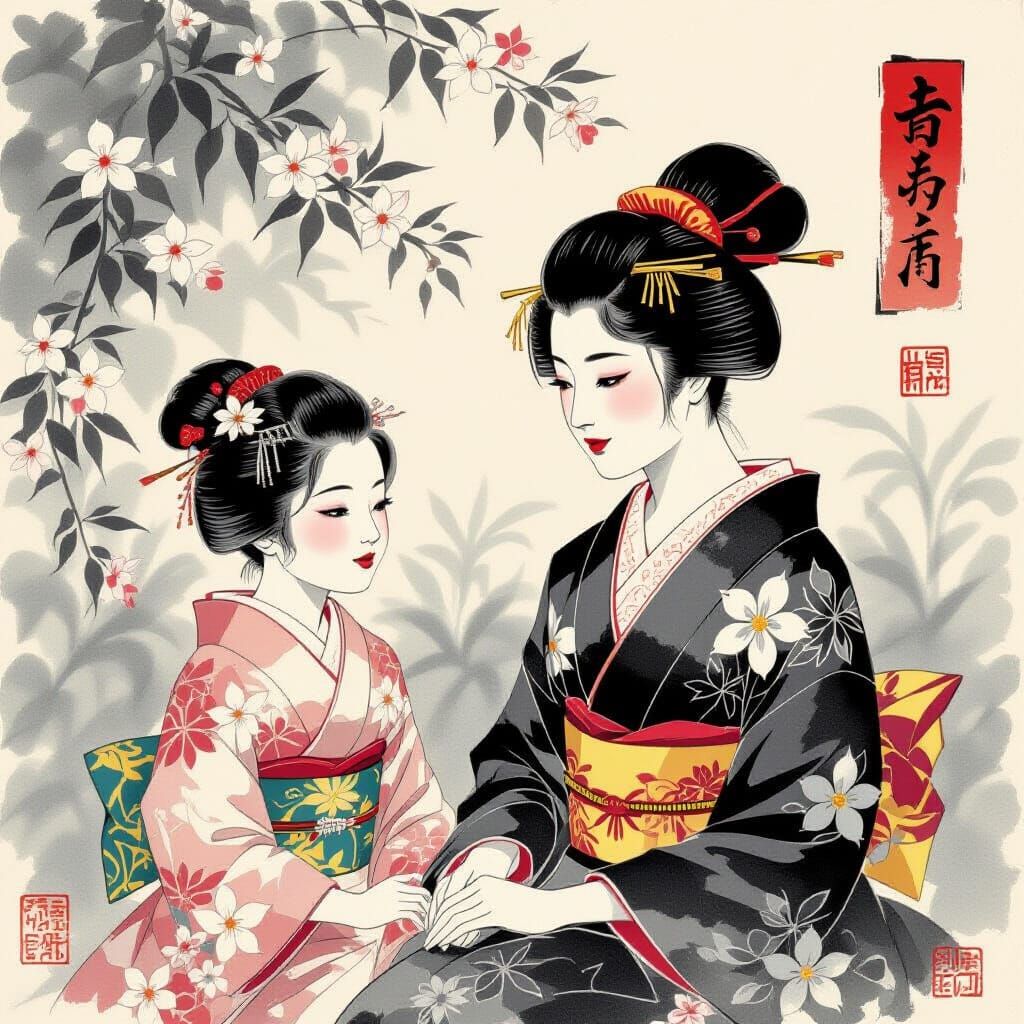 Family Reunion in Jasmine Garden: Japanese Inksplash Art