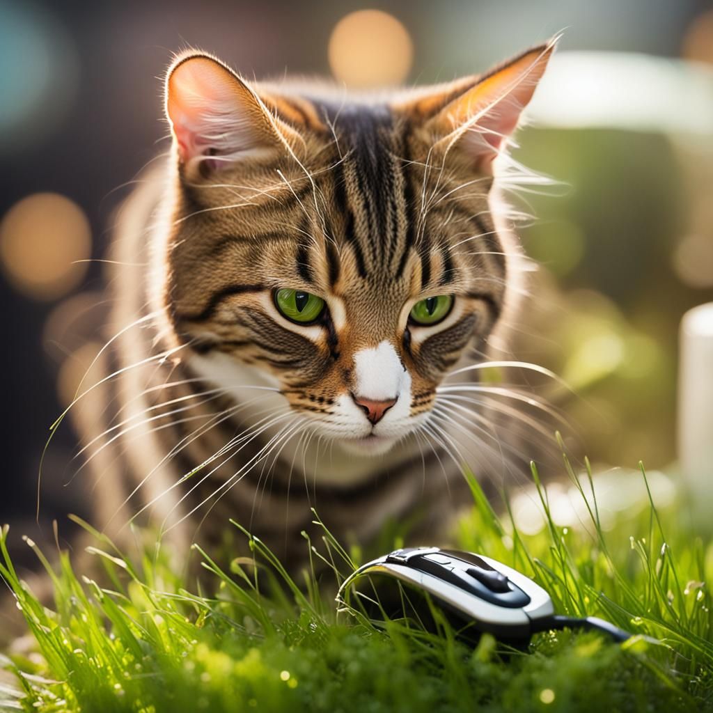 Cat Hairdresser Styles Mouse Hair with Grass