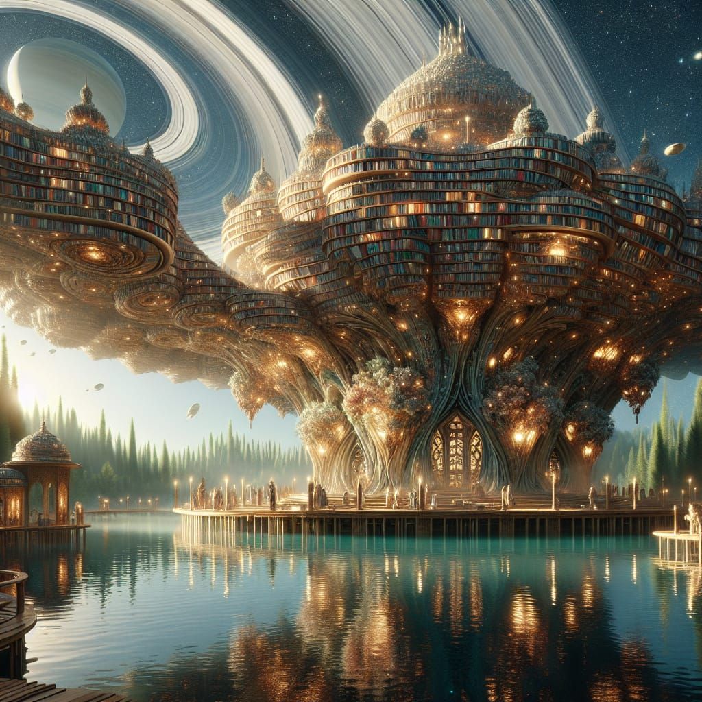 Surreal Library Pavilion on Pond in Futuristic Style