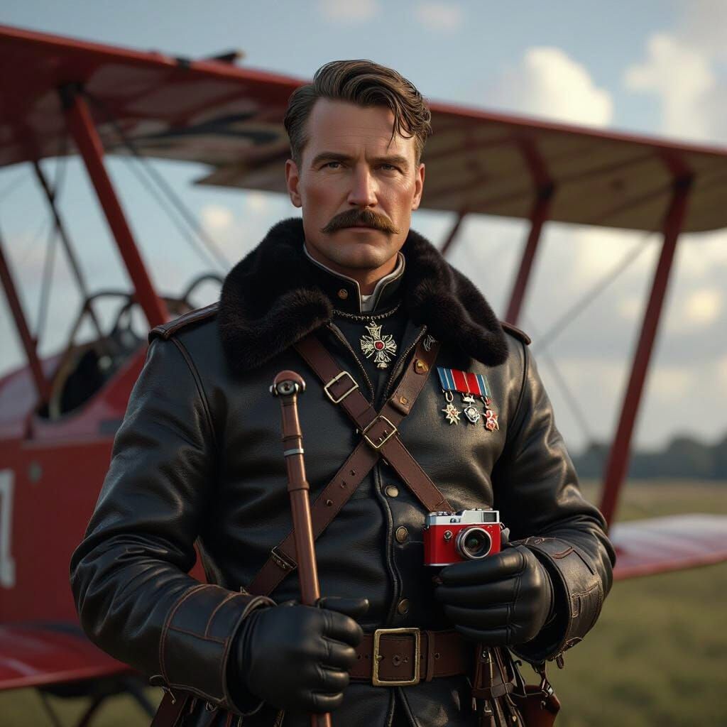 Red Baron Beside His Fokker Triplane in Dramatic Combat