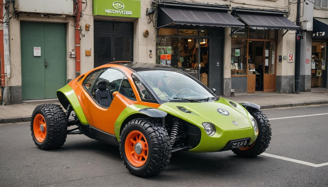 Retro-Futuristic Bubble Car in Cityscape