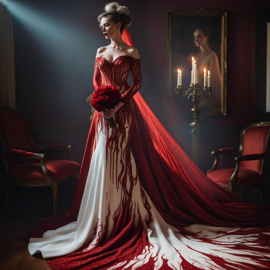 Elegant Bride in Art Nouveau Blood Red Dress