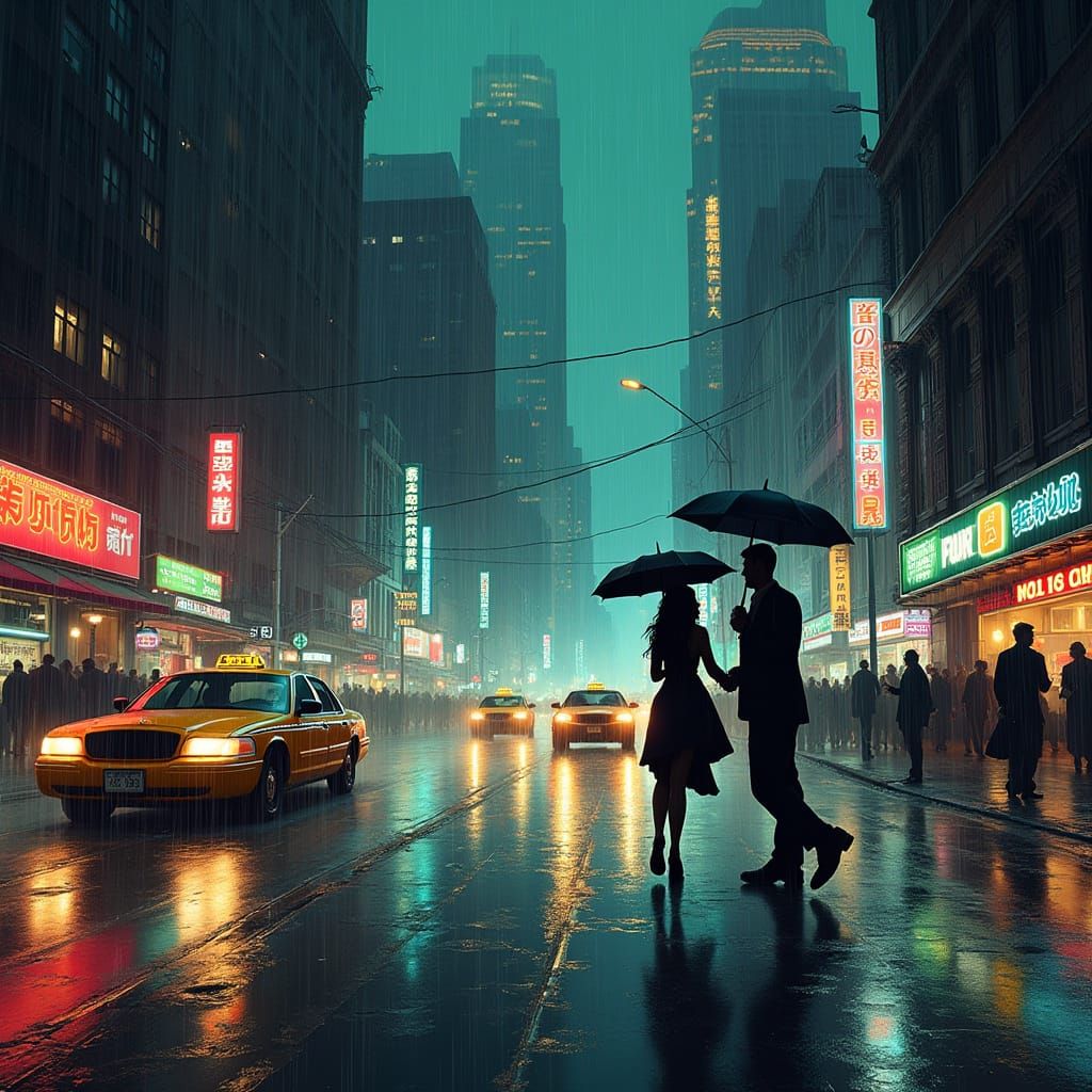 Rainy City Nighttime Scene in Futuristic Style