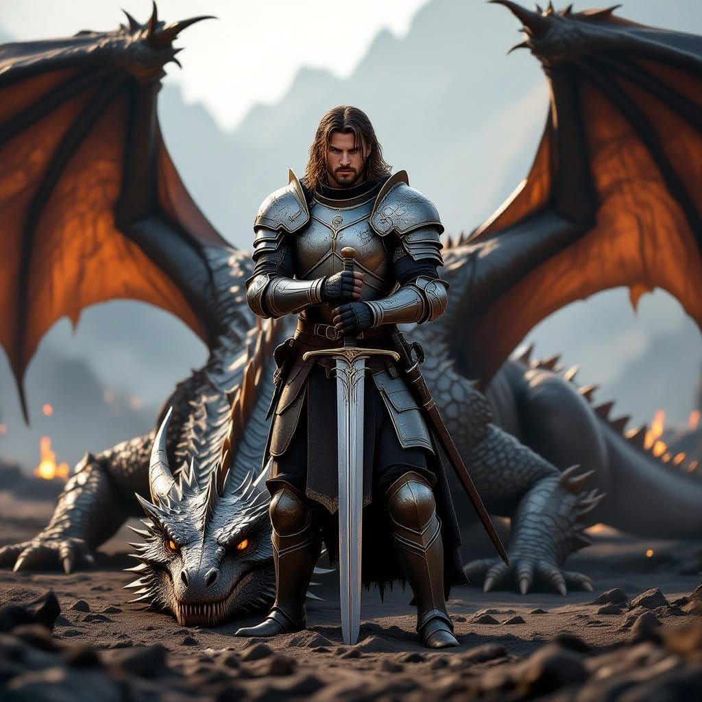 Victorious Knight Stands Over Fallen Dragon in Epic Fantasy ...