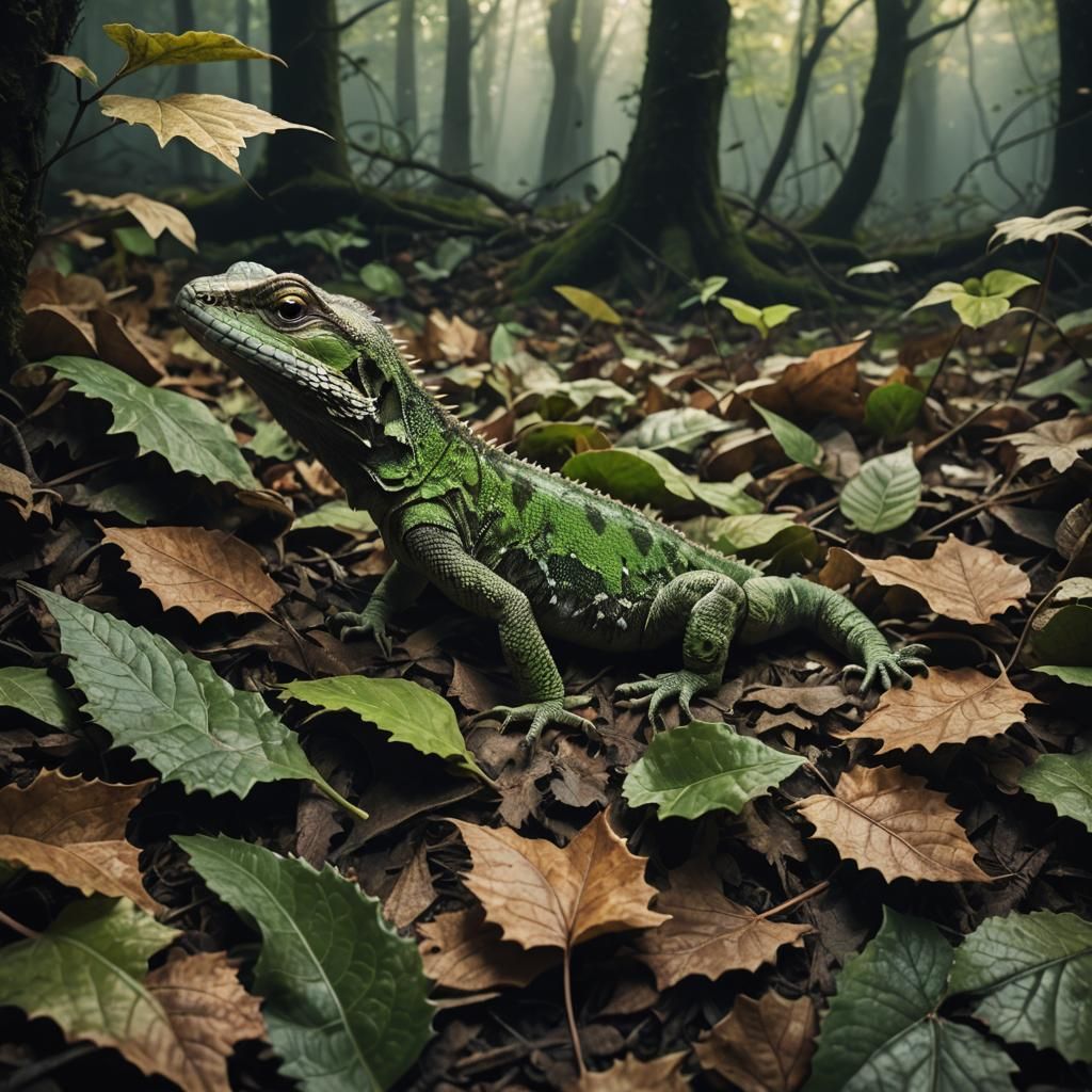 Lizard in Dim Forest: Surrealist Dark Fantasy