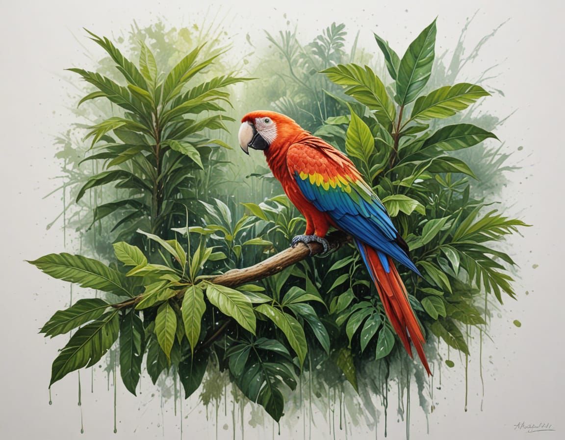 Scarlet Macaw in Rainforest During Summer Storm