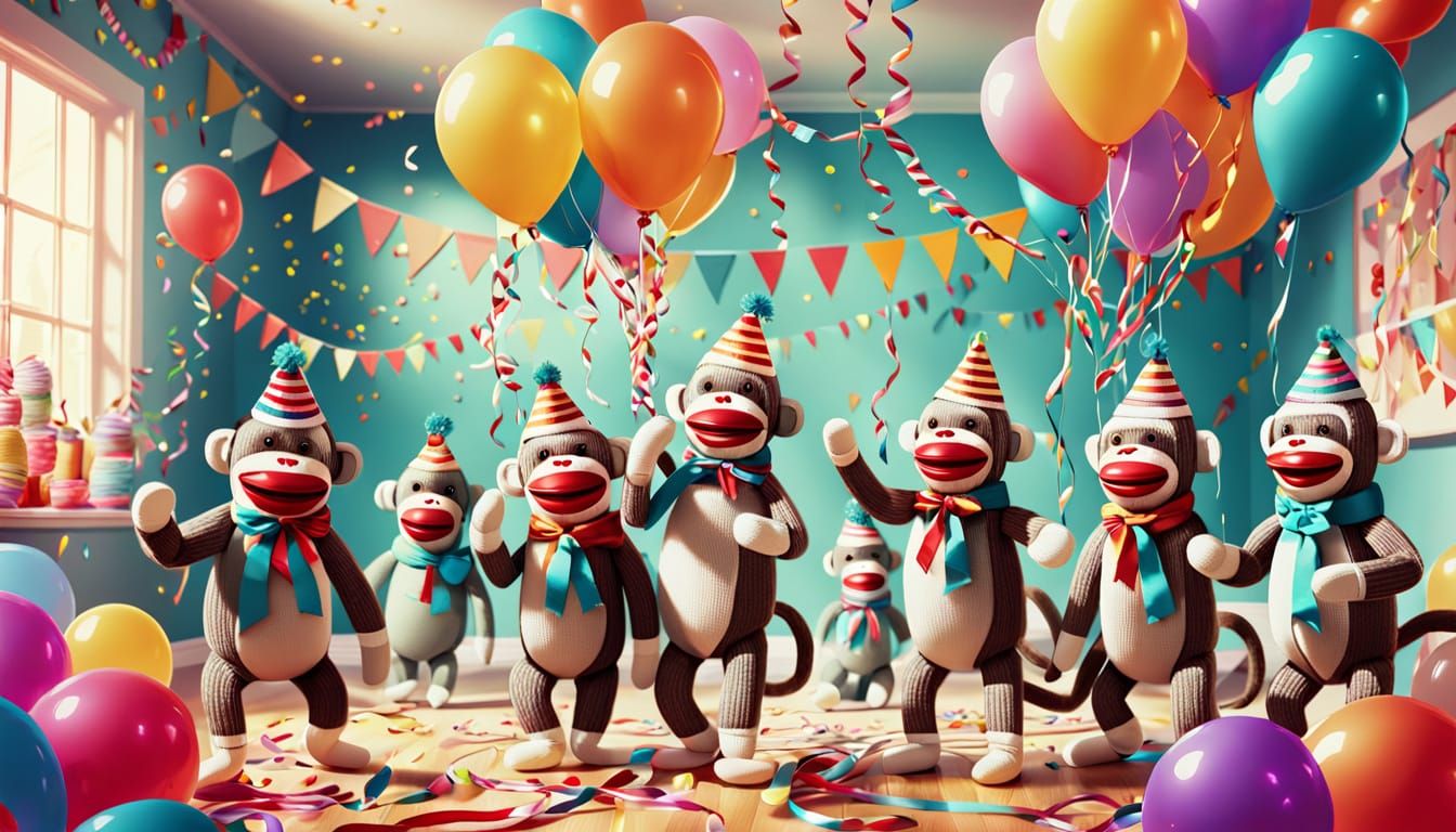 Whimsical Sock Monkeys Celebrate in a Vibrant Party Scene