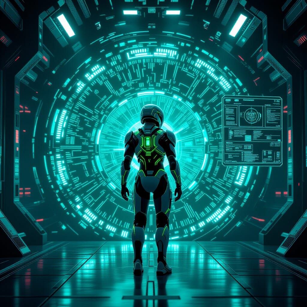 Cyberpunk Figure Activating Radar and Shielding Systems