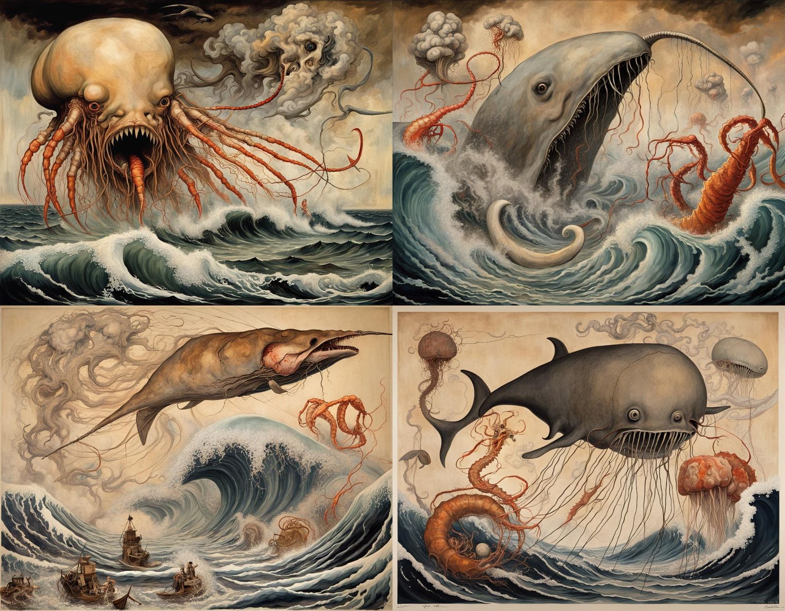 Chaotic Sea Creature Battle in Japanese Art Style