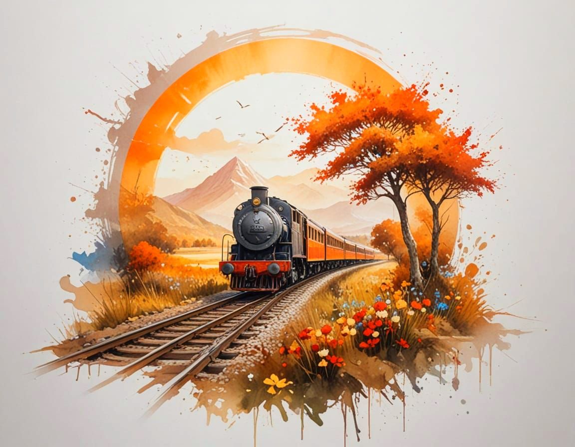 Aging Locomotive at Sunrise in Vibrant Countryside