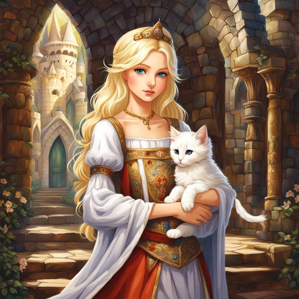 Anime Princess with Kitten in Castle