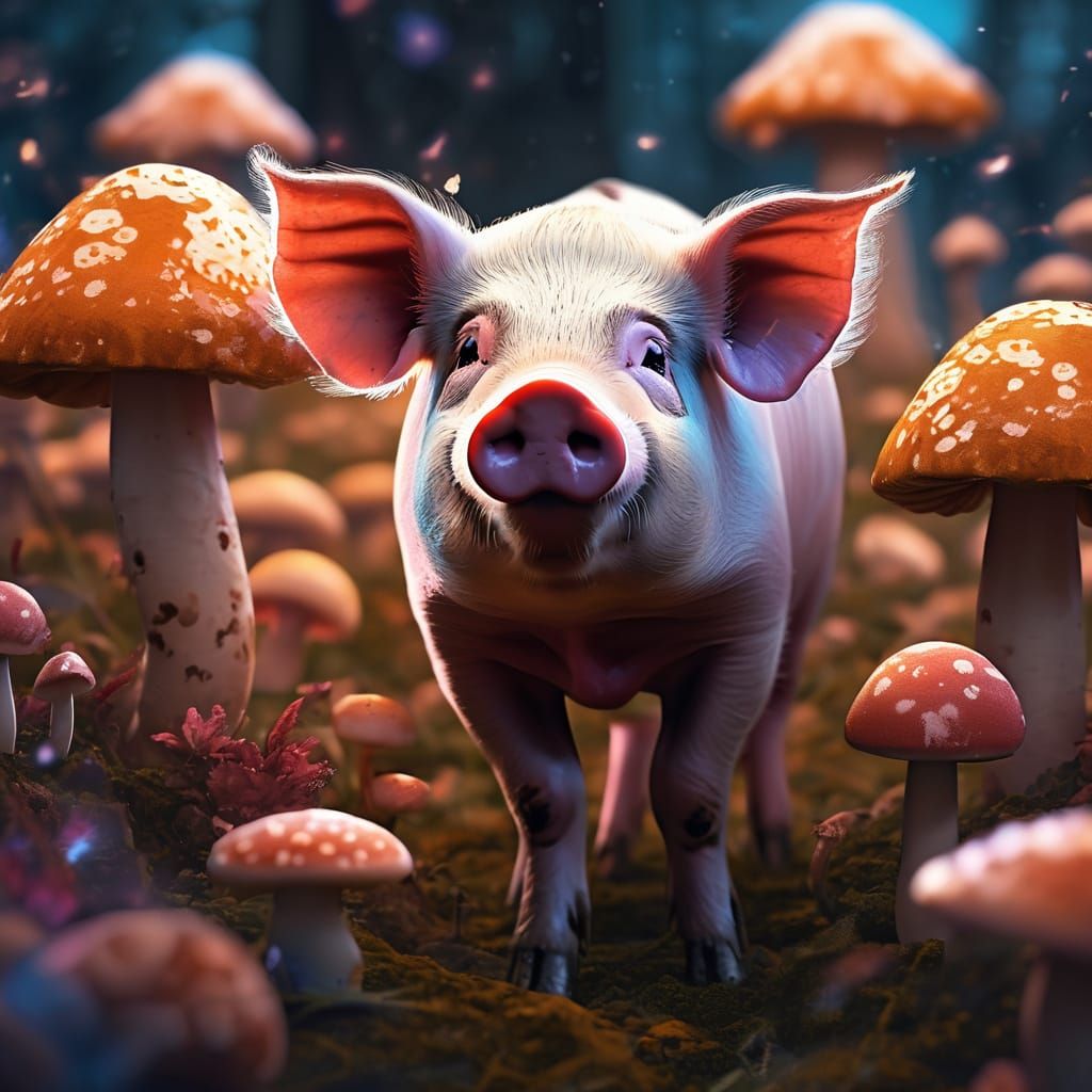 Beautiful Pig in Mystical Mushroom Field