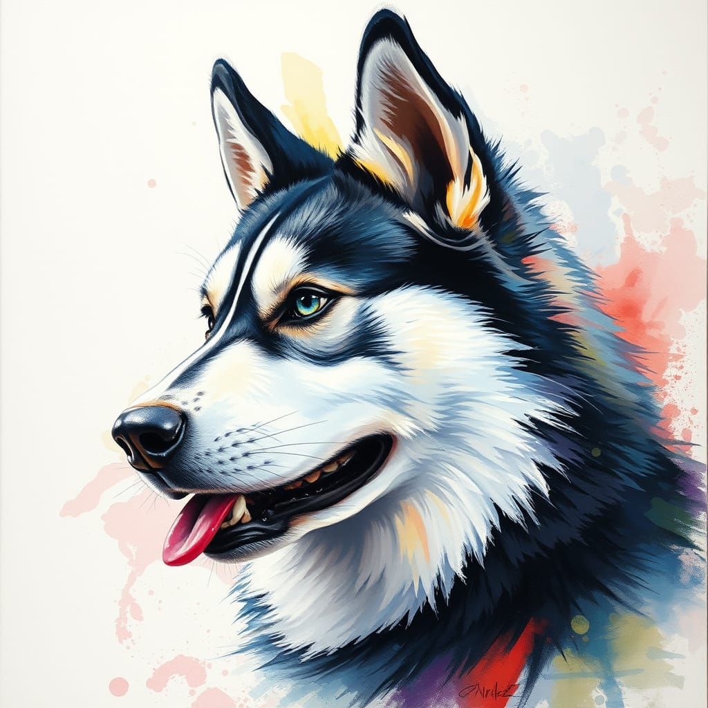 Majestic Husky: Impressionist Gouache Painting in Watercolor