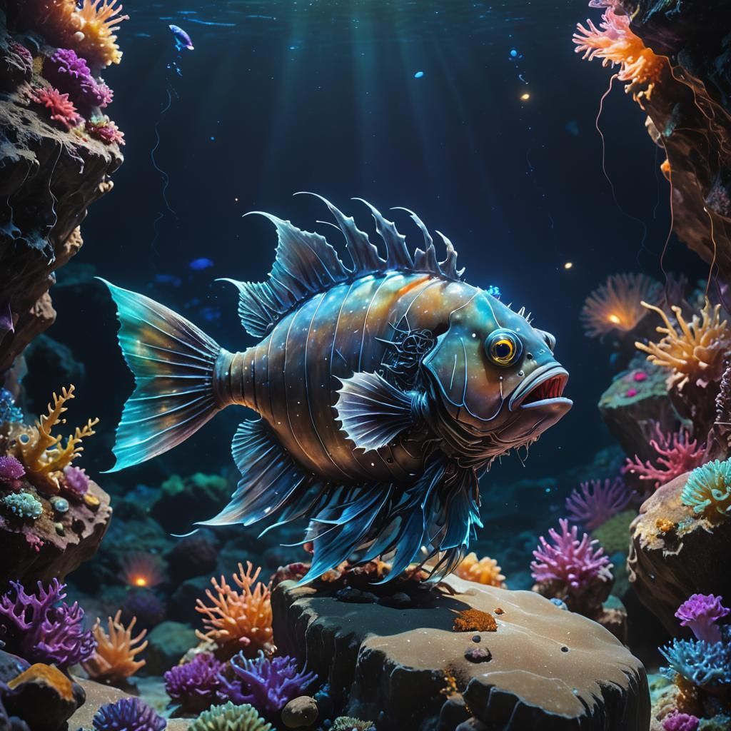 Rainbow Anglerfish in Bioluminescent Deep Sea