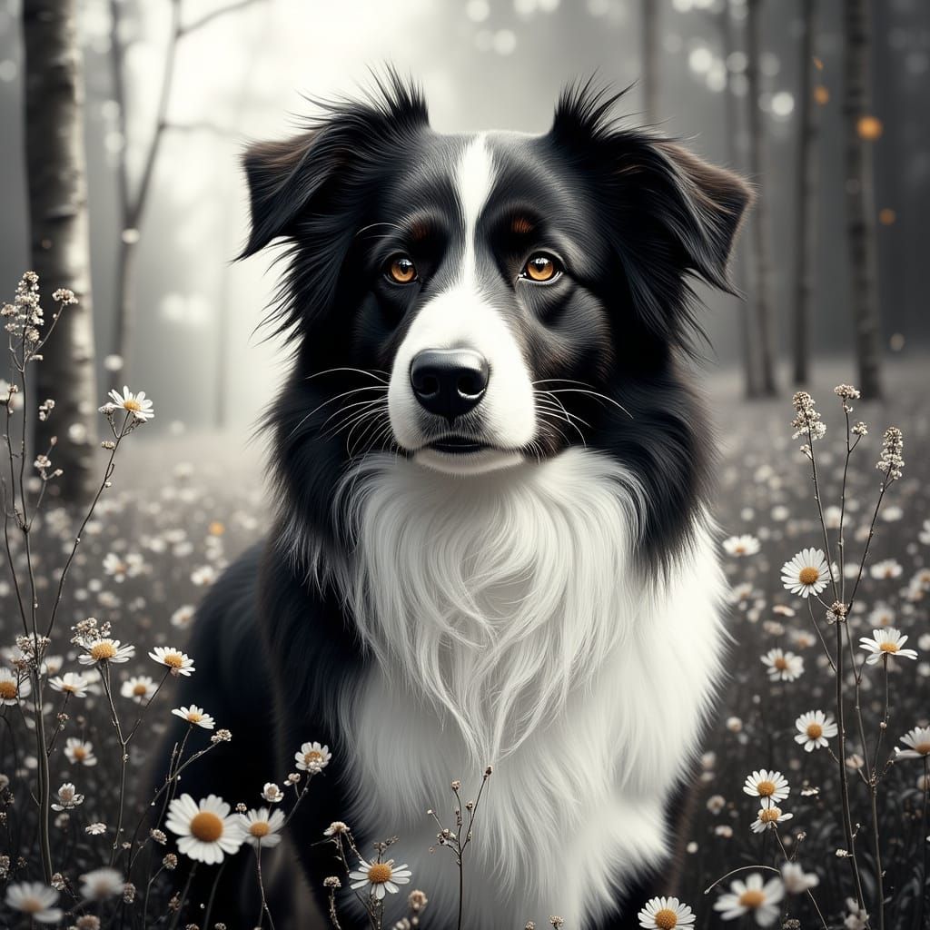 Black Line Art Border Collie with Flowing Lines and Music No...
