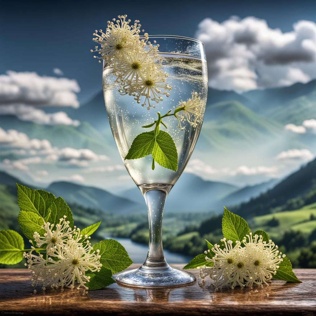 Sparkling Elderflower Wine in Mountain Spring: Hyperrealisti...