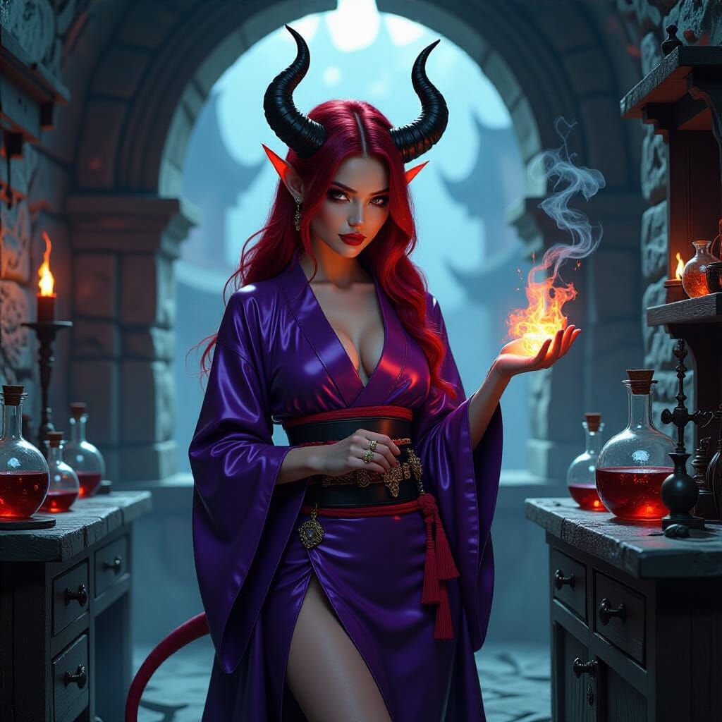 Tiefling Alchemist in Violet Kimono, Dark Fantasy Art
