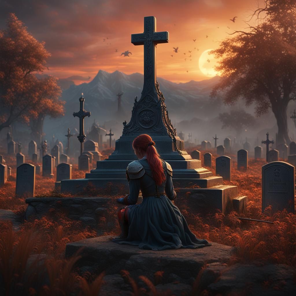 Mourning Woman at Soldier's Grave: Fantasy Art