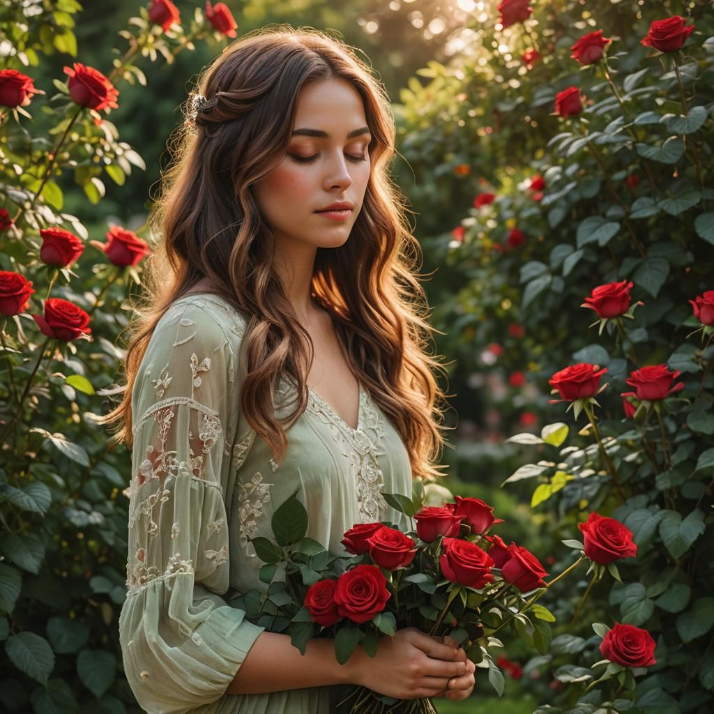 Woman Embracing Roses in Romantic Realism Style