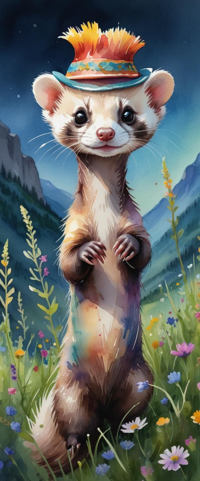Watercolor Ferret Frolicking in Mountain Meadow