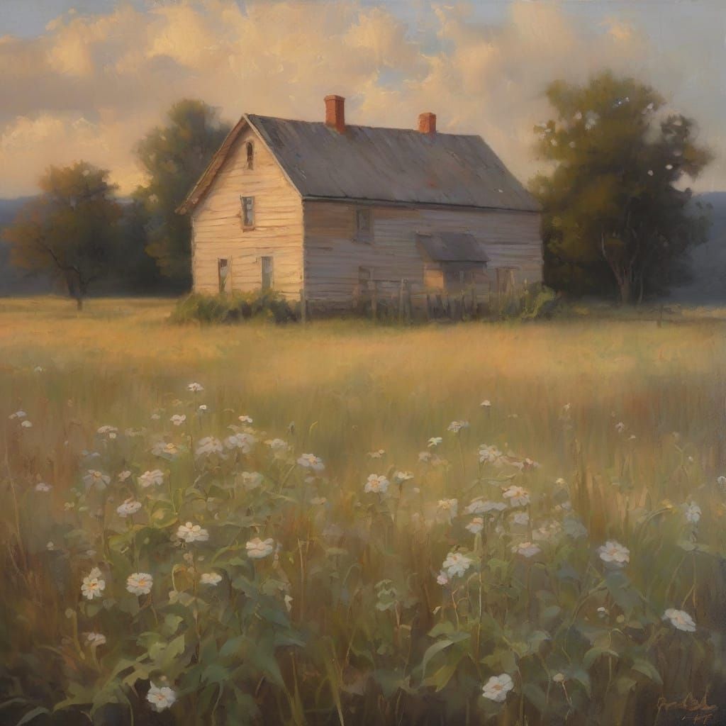 Farmhouse in Field of Wildflowers: Oil Painting