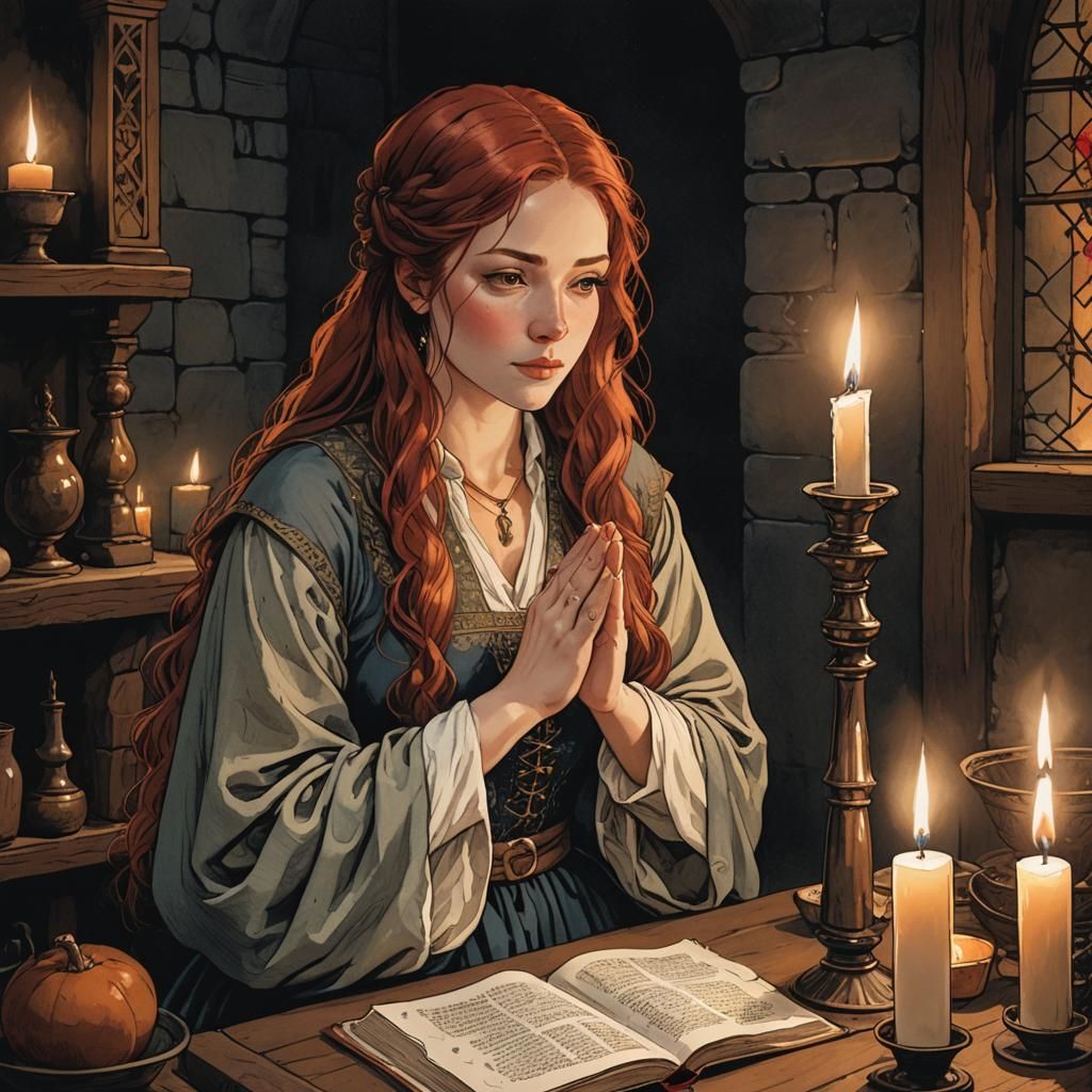Medieval Woman Praying in Candlelight, Romantic Illustration