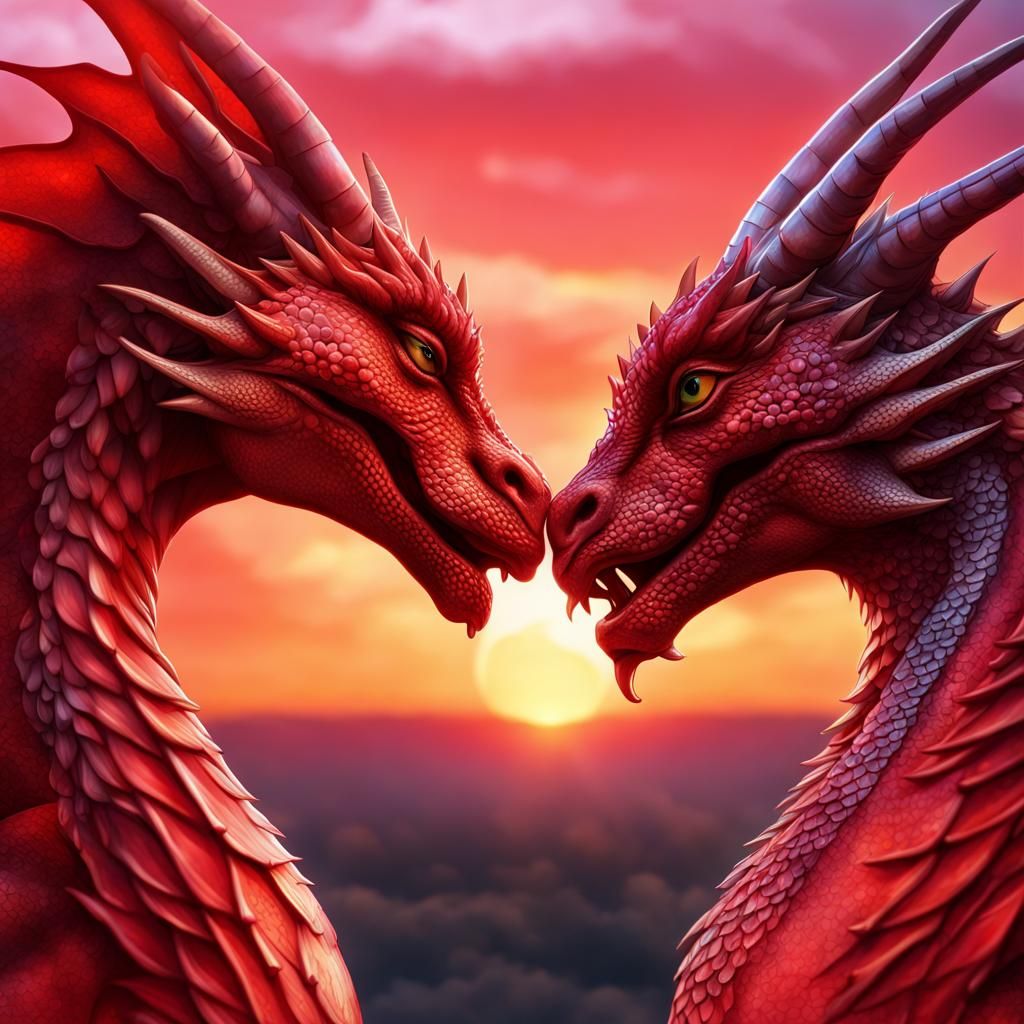 Romantic Red Dragons Kissing at Sunset