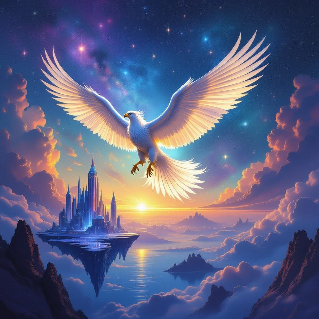 Majestic Griffin Soars Over Crystalline City in Nebula Sky