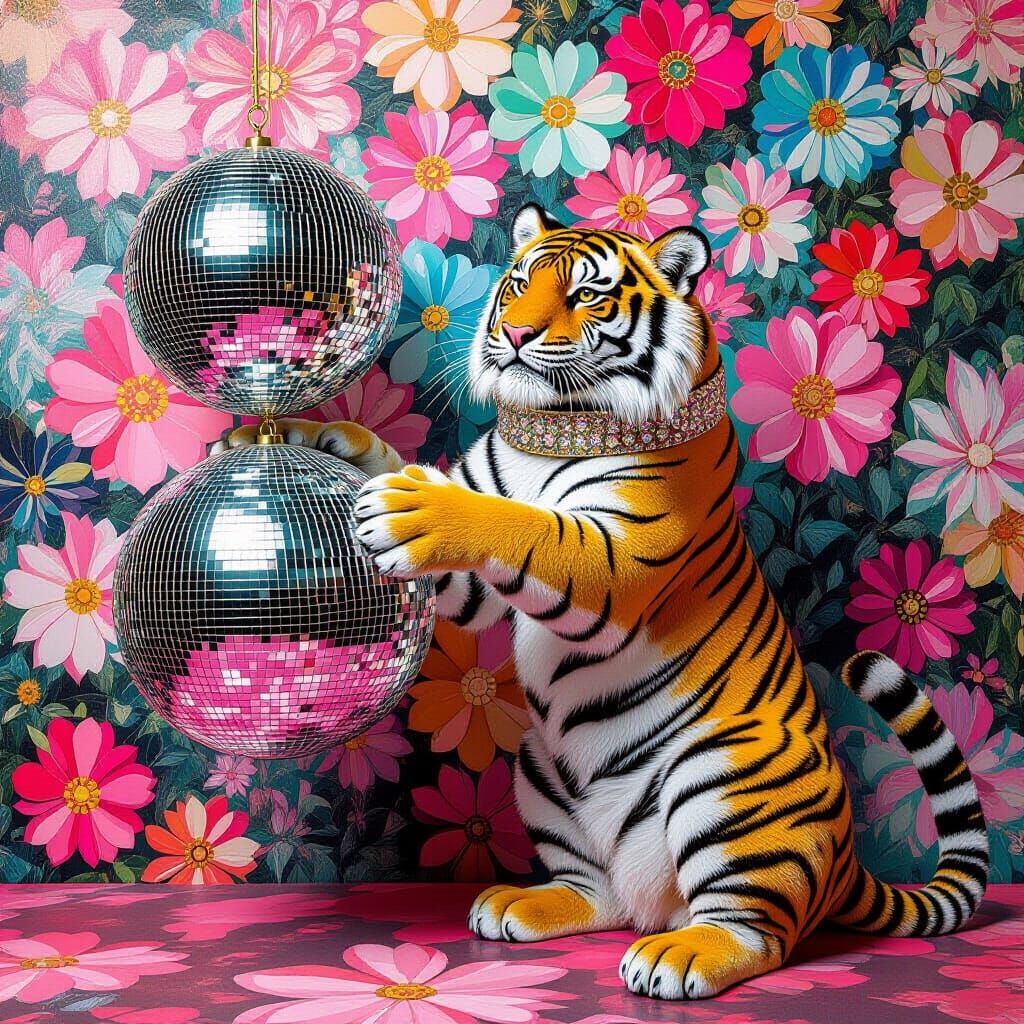 Tiger with Disco Ball in Pop-Art Style