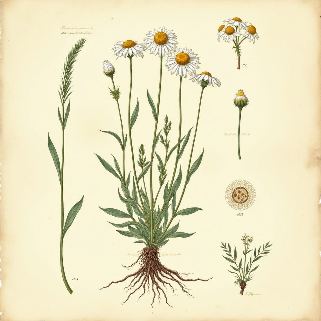 Create a highly detailed botanical plate of the chamomile pl...