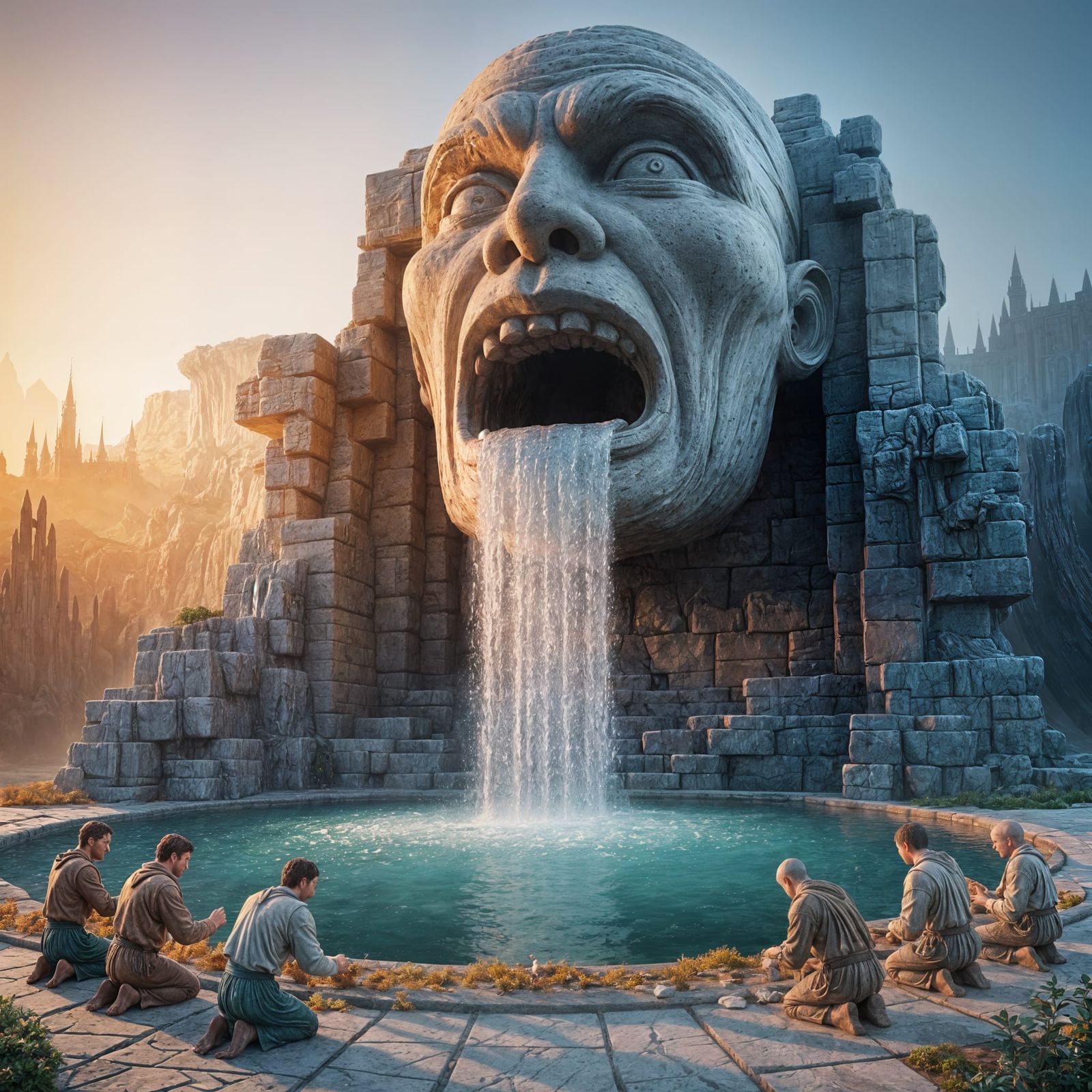 Ancient Granite Face Statue Spewing Water in Foggy Haze