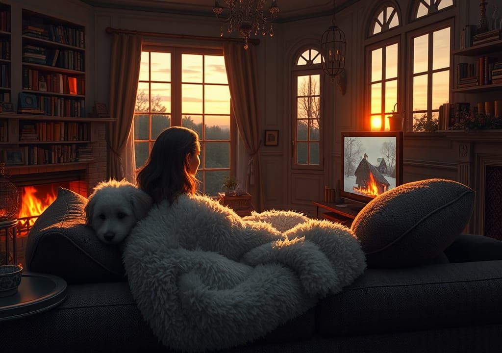 Cozy Living Room Scene with Woman and Dog