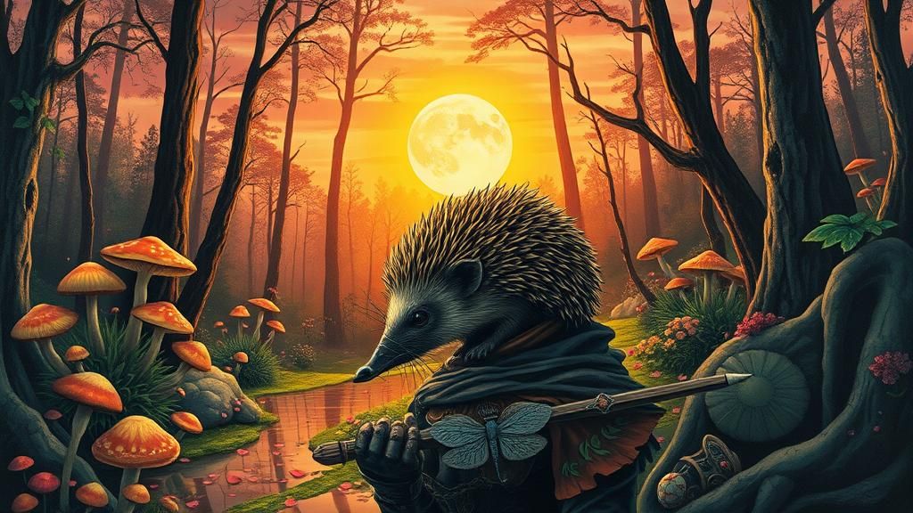 Gothic Fantasy Warrior in Mystical Forest at Sunset