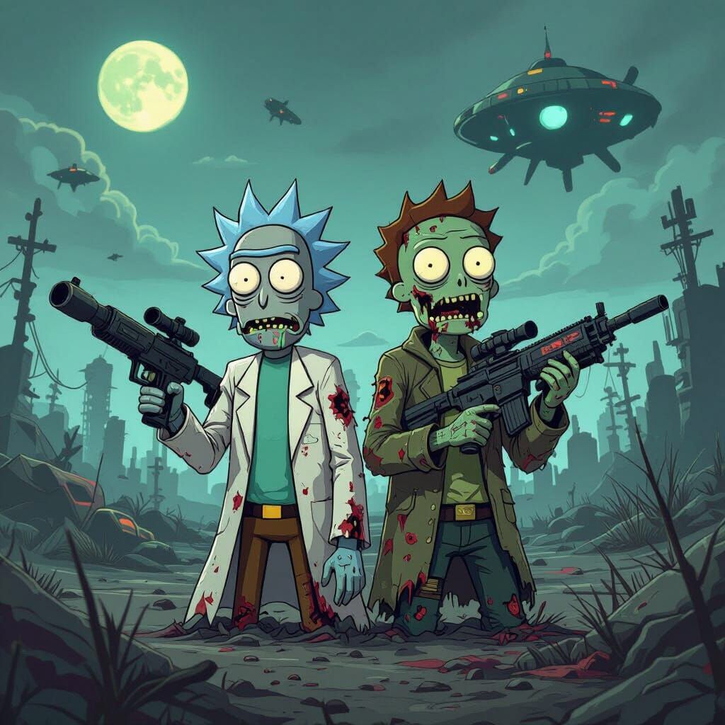 Zombie Rick and Morty in Post-Apocalyptic Landscape