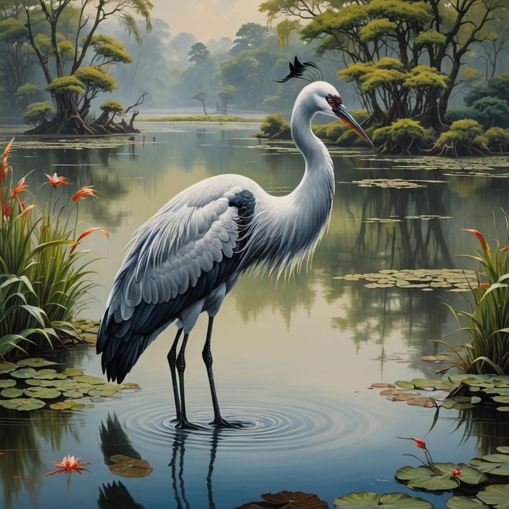 Majestic Crane Guardian on Dock: Fauvist Oil Painting