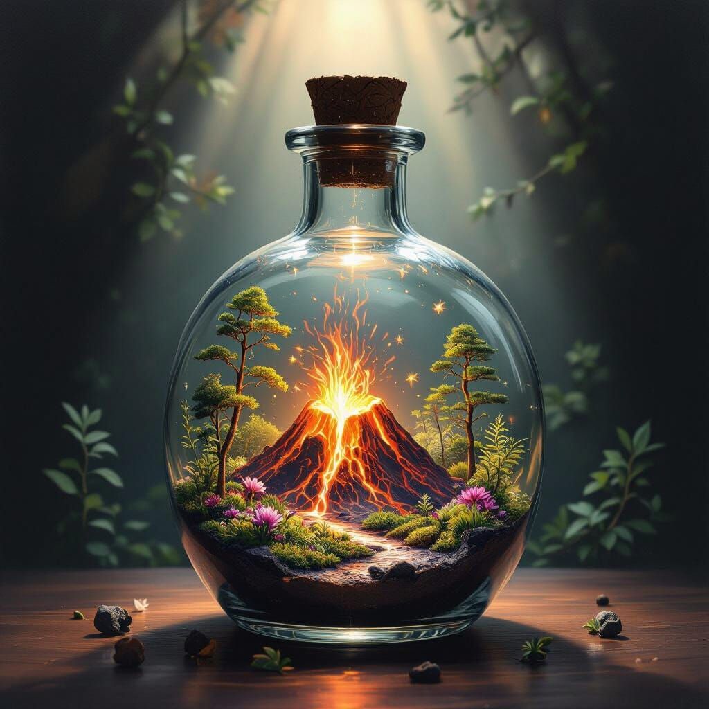 A transparent glass bottle on a black background with backlight, the bottle is filled with a fairy garden, and an erupti...
