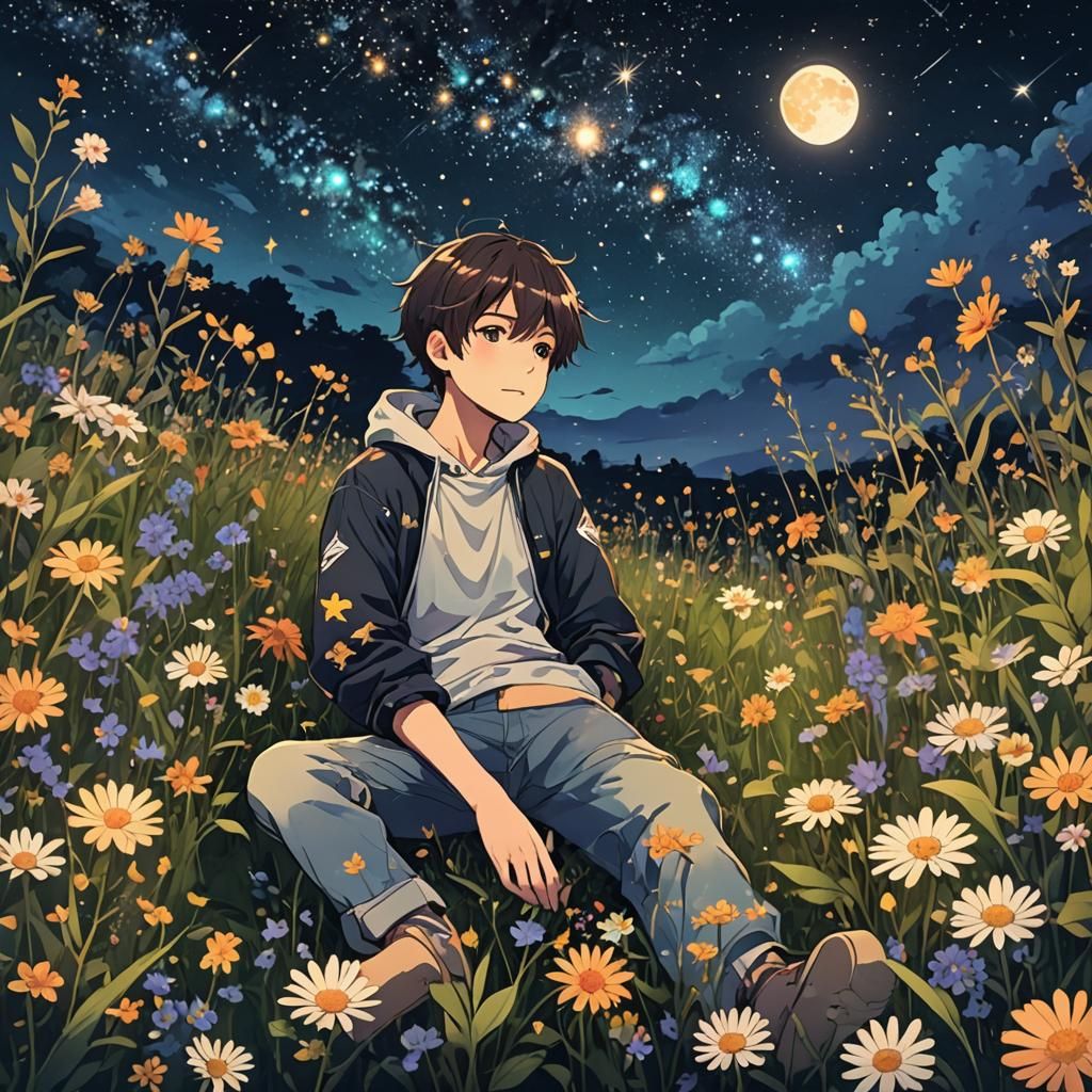 Boy Gazing at Starry Night Sky in Anime Style