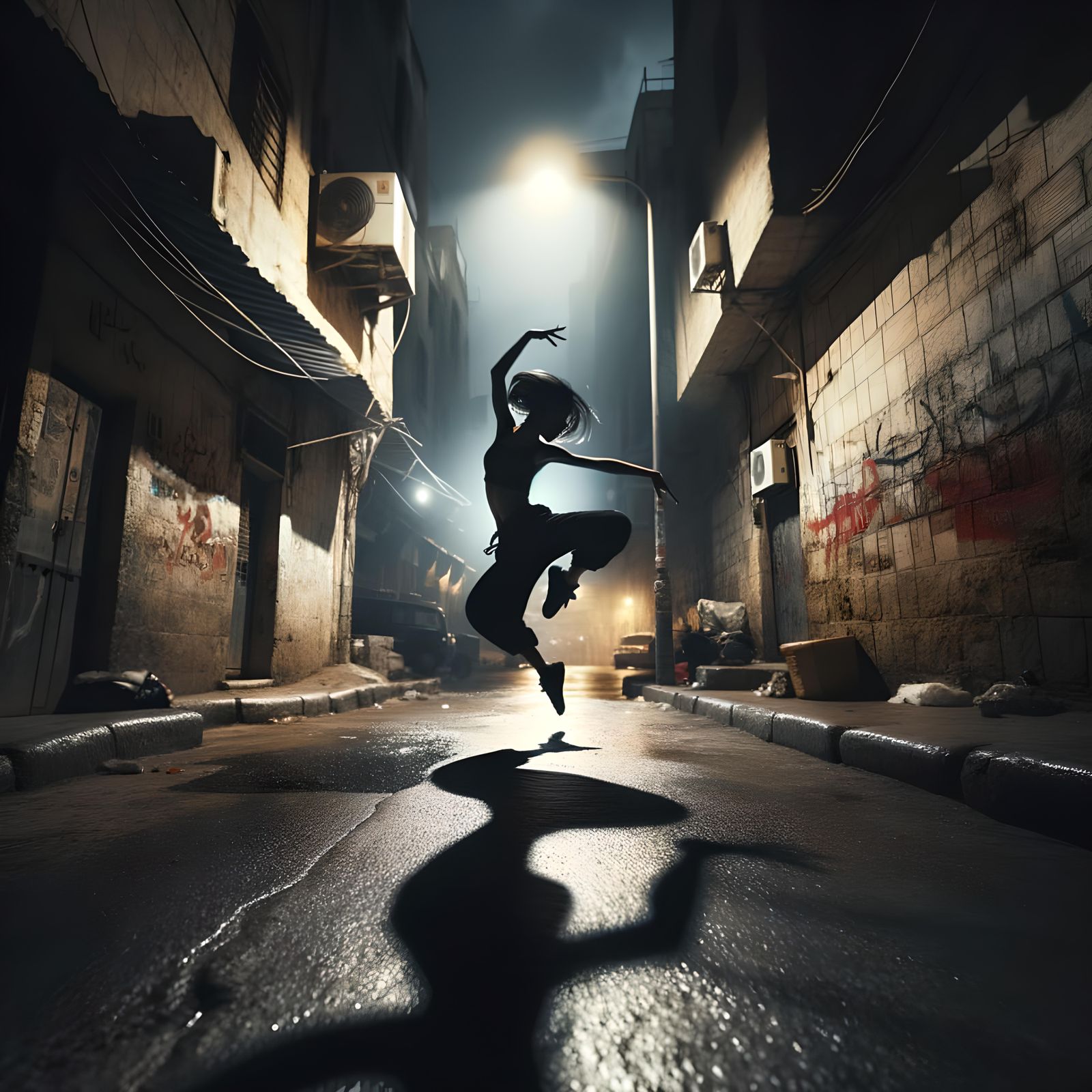 Urban Dancer in Motion Under Streetlight
