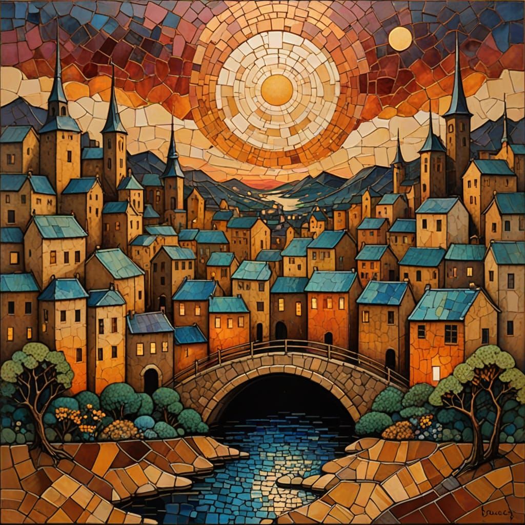 Kintsugi Mosaic Cityscape at Sunset in Art Brut Style